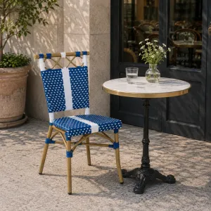 French Style Blue White Woven Rattan Dining Chair Decorative Back Design Cafe Restaurant Outdoor Bistro Chair