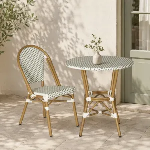 Green White Check Pattern PE Rattan Bistro Chair Aluminum Frame Outdoor Restaurant Patio Garden Dining Chair