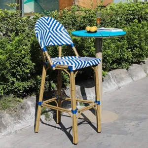Modern Cafe Restaurant Rattan Dining Furniture Aluminum Alloy Frame Outdoor Powder Coated Blue High Chairs Bar Chairs 2-3 Year