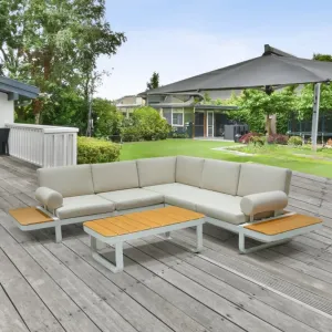 Modern L Shape Outdoor Sectional Sofa Set Aluminum Frame Beige Cushion Patio Corner Lounge Furniture for Hotel Villa Garden
