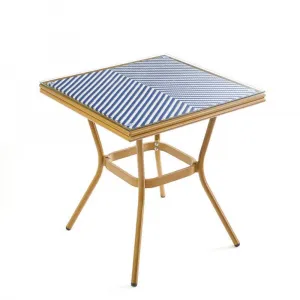 Modern Outdoor Furniture Garden Wood Coating Aluminum Tube Blue and White Teslin Mesh Fabric Dining Table and Chairs