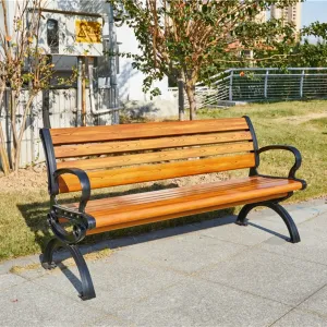 Modern Outdoor Wood Grain Park Bench with Full Cast Aluminum Legs Weather Resistant Armrest for Patio Garden Use
