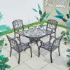 Modern Round Cast Aluminum Dining Set Mosaic Tabletop 4 Carved Armchairs Rust UV Resistant for Patio Garden Warehouse Use
