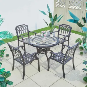 Modern Round Cast Aluminum Dining Set Mosaic Tabletop 4 Carved Armchairs Rust UV Resistant for Patio Garden Warehouse Use