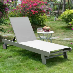 Outdoor Aluminum Chaise Lounge Chair with Wheels Adjustable Backrest Teslin Mesh Sun Lounger for Park Villa Pool Patio