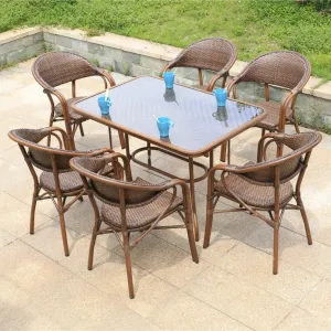 Outdoor PE Aluminum Frame Chair Set Terrace Cafe Restaurant Wicker Antique Cane Synthetic Plastic Rattan Furniture
