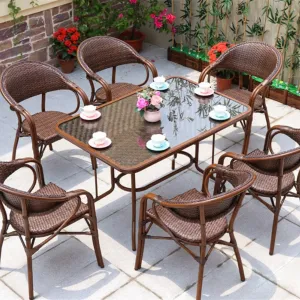 PE Rattan Wood Grain Garden Patio Table Hot Selling Waterproof Aluminum Frame PE Garden Set Outdoor Furniture