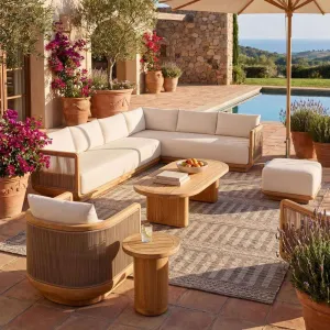 Modern Hotel Outdoor Sofa Teak Waterproof Designer Villa Patio Furniture Balcony Solid Wood Rattan Seat Coffee Table Combination