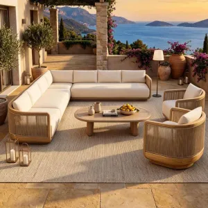 Modern Outdoor Sofa Set Teak Waterproof Villa Hotel Patio Furniture Balcony Solid Wood Rattan Seat Coffee Table Combination