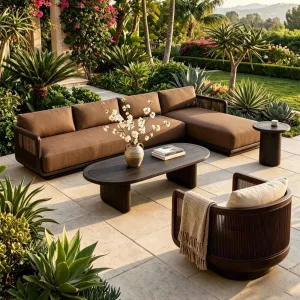 Modern Outdoor Sofa Teak Waterproof Designer Hotel Villa Patio Furniture Balcony Solid Wood Rattan Seat Coffee Table Combination