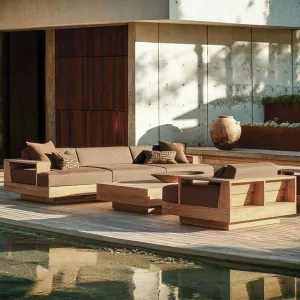 Modern Outdoor Teak Sofa Set Courtyard Villa Hotel Garden Waterproof Sun Protection Anti-corrosion Solid Wood Leisure Furniture