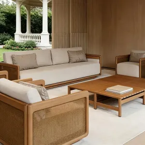 Modern Outdoor Teak Sofa Set Solid Wood Coffee Dining Table with Waterproof Cushion for Garden Terrace Courtyard