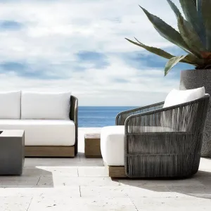 Modern Outdoor Teak Sofa Set with UV-Resistant PE Rattan Waterproof Cushions for Hotel Villa Garden Courtyard Use