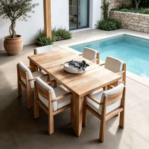 Modern Solid Wood Teak Villa Dining Table Chairs Set Waterproof Sunscreen Garden Sets Eco-Friendly Durable Outdoor Furniture for