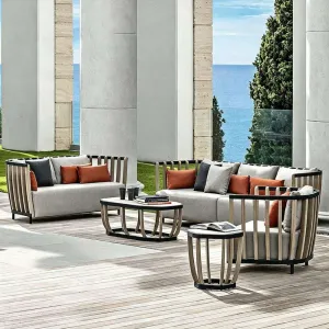 Outdoor Courtyard Sofa Combination Personalized Simple Waterproof Aluminum Alloy Hollow Design Model Room Villa Teak Wood Sofa
