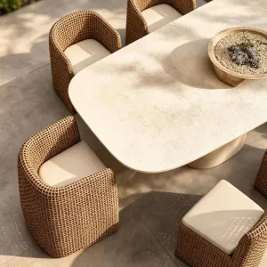 Outdoor Durable Rattan Modern Table and Chair Set with Waterproof Sun Protection for Garden Courtyard Balcony