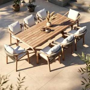 Outdoor Durable Teak Nordic Style Sofa Dining Table Combination Garden Set with Rope Chair-Eco-Friendly Anticorrosive Furniture