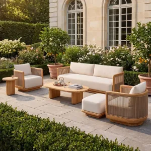 Outdoor Sofa Teak Waterproof Designer Villa Patio Furniture Balcony Outdoor Solid Wood Rattan Seat Coffee Table Combination