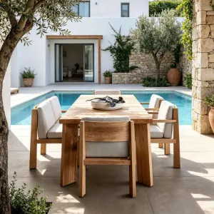 Solid Wood Teak Durable Modern Design Dining Table Chairs Set Waterproof Sunscreen Outdoor Furniture for Hotel BB Courtyard Use