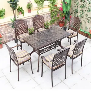Antique Bronze Cast Aluminum Durable Waterproof Modern European Classical Dining Table with Storage-Outdoor Garden Dining Set