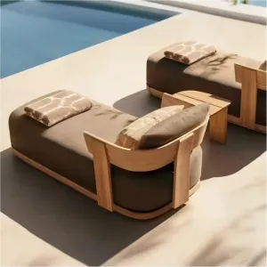 Contemporary Solid Teak Wood Sun Lounger Set Weather Resistant Outdoor Daybed for Luxury Villa and High-end Resort Deck
