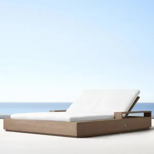Custom Modern Teak Wood Outdoor Double-person Swimming Pool Lounge Chair UV Resistant Eco-Friendly Cushions for Courtyard Hotel