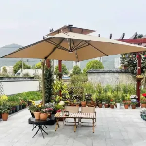 9 FT Modern Solar Powered Aluminum Patio Umbrella LED Lights Push Button Tilt Outdoor Furniture for Garden Deck Hotels Beaches