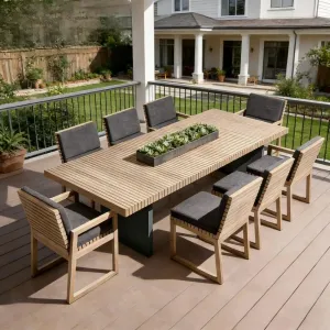 Handcrafted Grade A Teak Wood Outdoor Dining Set Rectangular Table with Chairs for Luxury Hotel Terrace and Resort Decor