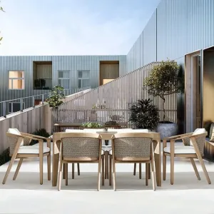 Handwoven Teak Durable Farmhouse Back Garden Dining Table Set Modern Outdoor Furniture Brand Mandela