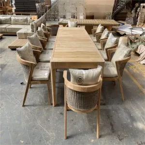 High-End Modern Simple Design Teak Dining Table Combination Outdoor Waterproof Furniture for Courtyard Terrace Hotels Villas