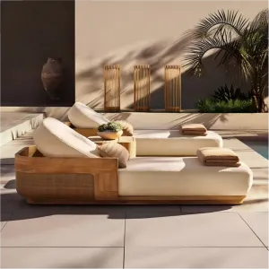 Highest Quality Modern Outdoor Teak Sunbed Lounger with UV Resistant Finish and Waterproof Cushions for Courtyard Hotel Use