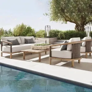 Luxurious Teak PE Wicker Rattan Waterproof Eco-Friendly Dining Outdoor Garden Sofa Sets Quick-Dry Cushions for Villas Hotels