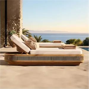 Luxury Modern Teak Sun Lounger with Cushions-UV Resistant Eco-Friendly Outdoor Furniture for Hotels Villas Courtyards
