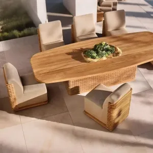 Luxury Modern Teak UV-Resistant Waterproof Durable Outdoor Dining Set for Hotel Villa Courtyard with Quick-Dry Cushions