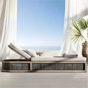 Luxury Solid Teak Wood Garden Sun Lounger with Sunproof Fabric for Private Villa Poolside and Beach Resort Patio Deck