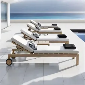 Luxury Solid Teak Wood Patio Sunbed Weatherproof Garden Furniture with Cushion for High-end Resort and Private Estate Pool