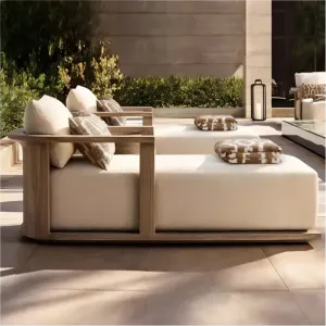 Luxury Sustainable Teak Wood Outdoor Sunbed Modern Reclining Pool Lounger for Five Star Resort and Luxury Villa Poolside