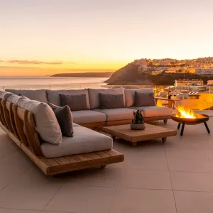 Luxury Teak Modern Design Eco-Friendly Outdoor Sectional Sofa Set Waterproof Quick-Dry Cushions L-Shaped Garden Set for Villa