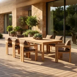 MANDELA Teak Modern Outdoor Dining Set for Villa Courtyard-Durable Waterproof Cushions Quick-Dry UV-Resistant Finish Customized