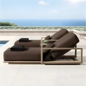 Minimalist Solid Teak Wood Patio Sun Lounger Waterproof Mattress UV Resistant Eco-Friendly for Luxury Beachfront Villa Outdoor