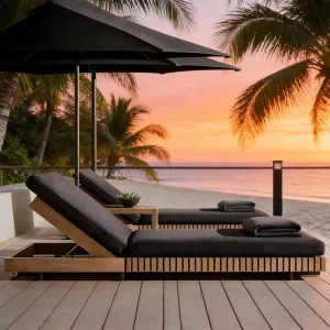 Minimalist Solid Teak Wood Patio Sun Lounger with Waterproof Mattress for Luxury Beachfront Villa and Outdoor Garden Deck