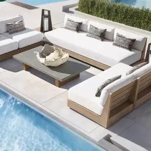 Modern Durable Teak Wood Patio Set U Shaped Outdoor Sectional Sofa for Garden Living Room Courtyard Hotel Villa