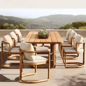 Modern Durable UV-Resistant Waterproof Outdoor Teak Dining Sets with Quick-Dry Cushions for Villa Hotel Balcony More