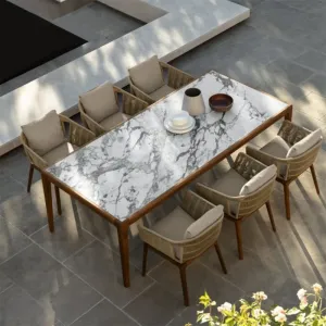 Modern Durable Waterproof UV-Resistant Outdoor Teak Wood Rattan Dining Table Patio Garden Set for Hotel Villa Courtyard