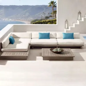 Modern Teak Wood U Shaped Outdoor Sectional Sofa Set Waterproof Cushions for Garden Hotel Villa Dining Areas
