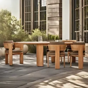 Modern Luxury Teak Wood Outdoor Dining Furniture Set for Upscale Resort Hotel and Private Estate Villa Patio Living