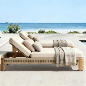 Modern Luxury Teak Wood Outdoor Lounge Sunbed Reclining Beach Chair for Upscale Resort Hotel and Private Estate Poolside