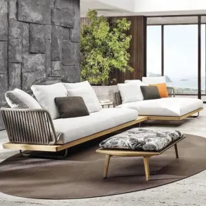 Modern Nordic Outdoor Furniture Courtyard Sunscreen Waterproof Teak Wood Eco-Friendly Garden Sofa Set Quick-Dry Cushions for