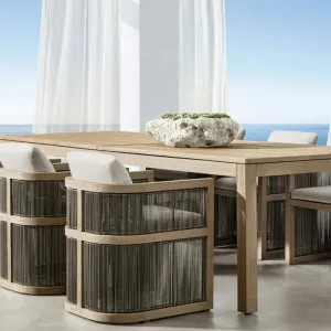 Modern Solid Teak Wood Durable Outdoor Dining Table Set with Weathered Extension Table and Woven Rope Chairs for Villa Patio Use