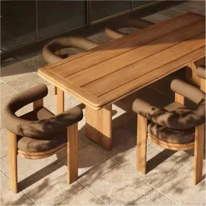 Modern Solid Teak Wood Durable Waterproof UV-Resistant Outdoor Dining Table Set Weathered Extension Table Woven Rope Hotel